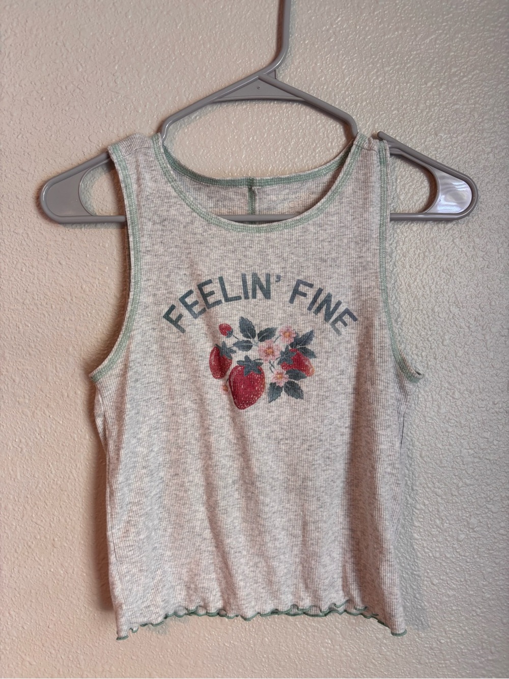 American Eagle Strawberry Graphic Tank Top - Light Heather Gray with Green Trim